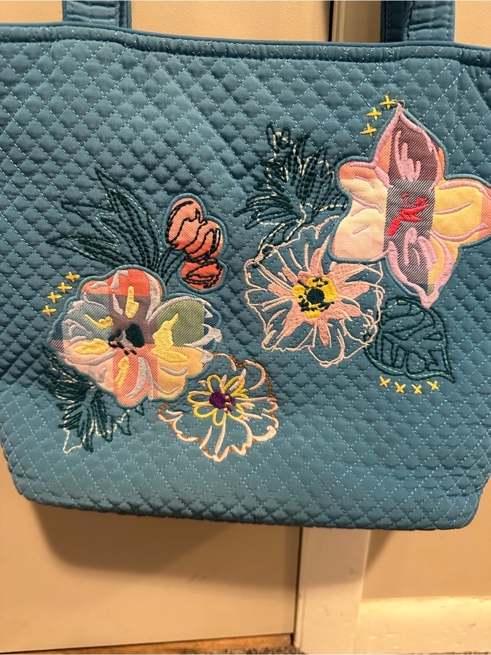 Vera Bradley Happy Blooms Small Tote Turquoise Embroidered Appliqué Floral - Picture 2 of 7